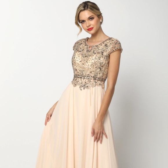 NEW FLOOR LENGTH A-LINE POLYESTER DRESS EMBROIDERED WITH RHINESTONES JT 657 - Picture 1 of 8